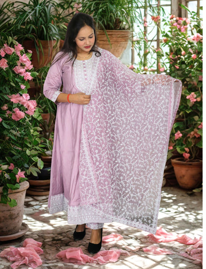 Traditional Embroidered Cotton Anarkali Suit Set, Lilac Purple with White Thread Work, 3 Piece