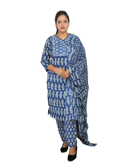 Vedickulture Traditional Cotton Salwar Kameez Set, Blue Block Print, V-Neck, Full Sleeves