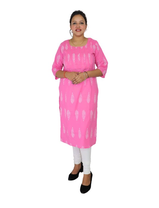 Vedickulture Pink Cotton Kurti with White Paisley Print, 3/4 Sleeves, Round Neck, Casual Wear
