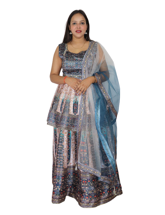 Lehenga Choli Set with Floral Print, Blue and White Embroidered, Net Dupatta
