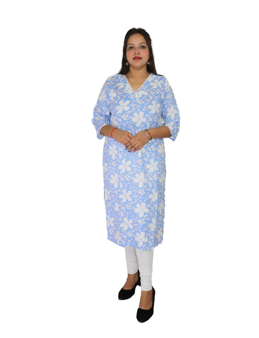Floral Print Cotton Kurti with V-Neck, 3/4 Sleeves, Light Blue and White