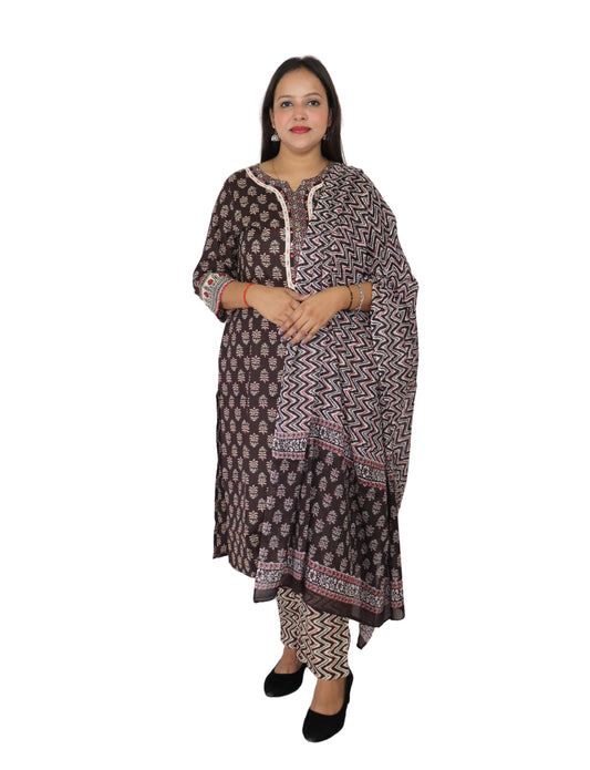 Traditional Block Print Cotton Kurta Set with Chevron Design, Brown and Pink