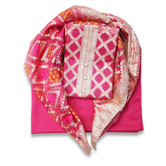 Unstitched partywear suits for women with golden print texture Rani Pink