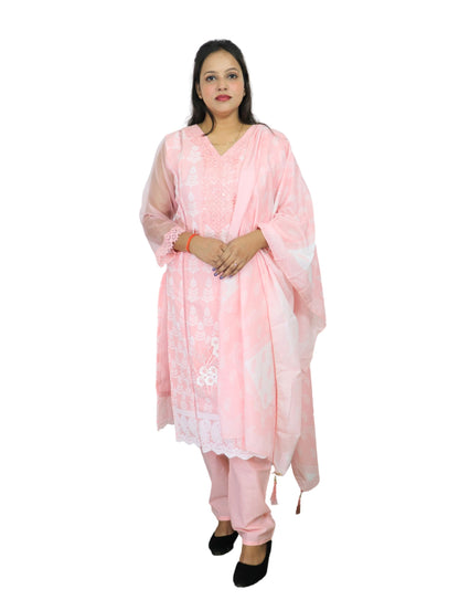 Women's Pink Embroidered Cotton Salwar Suit  with Dupatta, Party Wear