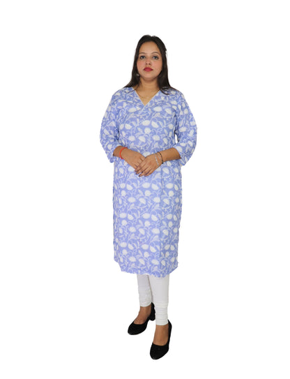 Vedickulture Floral Print Cotton Kurti, V-Neck, 3/4 Sleeve, Light Blue and White, Casual Wear