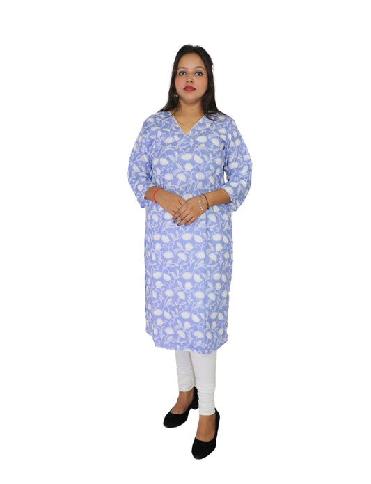 Vedickulture Floral Print Cotton Kurti, V-Neck, 3/4 Sleeve, Light Blue and White, Casual Wear