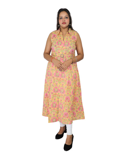 Vedickulture Floral Print Sleeveless Long A-line Kurta, Yellow and Pink, Collared Neck with Belt