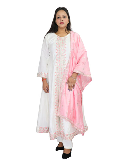 Women's White Cotton Anarkali Suit with Pink Embroidered Details, Matching Dupatta, Long Sleeves