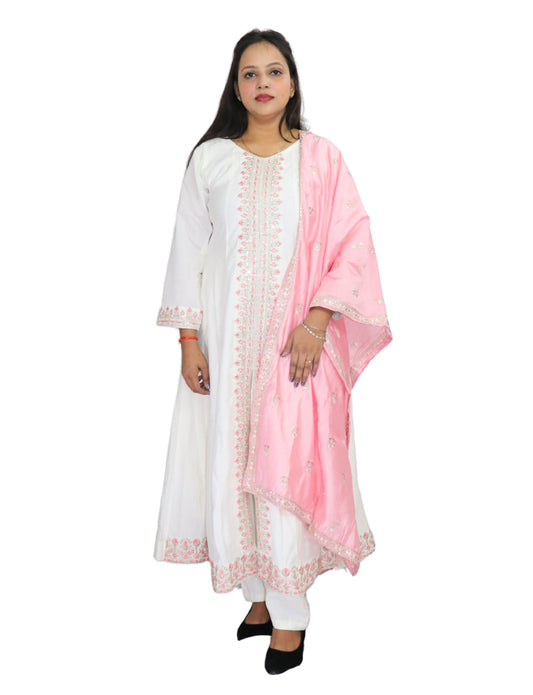 Women's White Cotton Anarkali Suit with Pink Embroidered Details, Matching Dupatta, Long Sleeves
