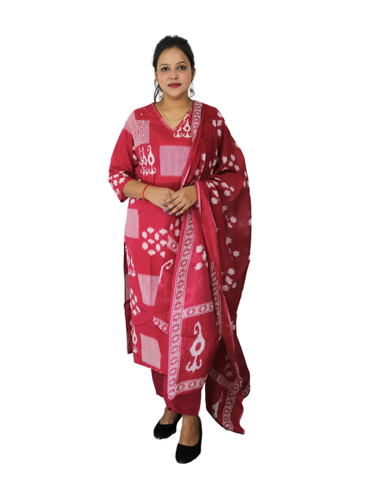 Traditional Salwar Suit Set with Dupatta, Red and White Printed, 3/4 Sleeve