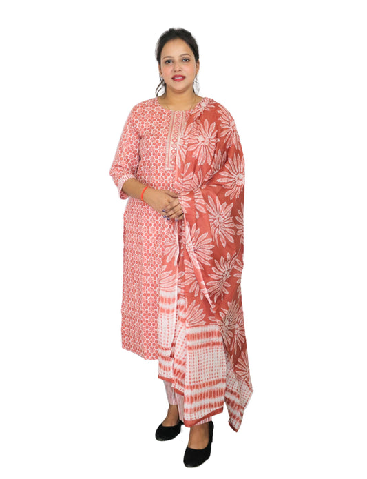 Cotton Printed Salwar Suit Set, Coral Pink Floral Pattern, 3/4 Sleeve Kurta with Salwar and Dupatta