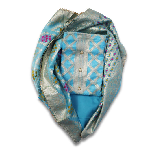 Unstitched partywear suits for women with golden print texture Blue