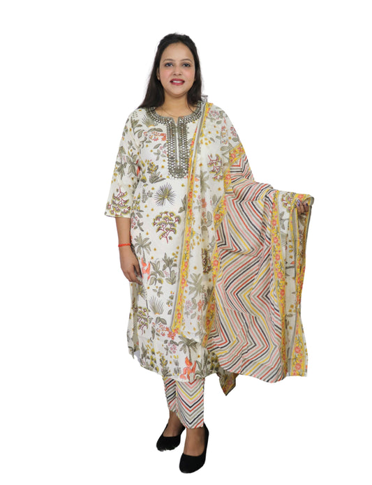 Women's Floral Print Cotton Salwar Suit Set with Embellished Neckline, 3/4 Sleeves, Chevron Dupatta, White and Multicolor
