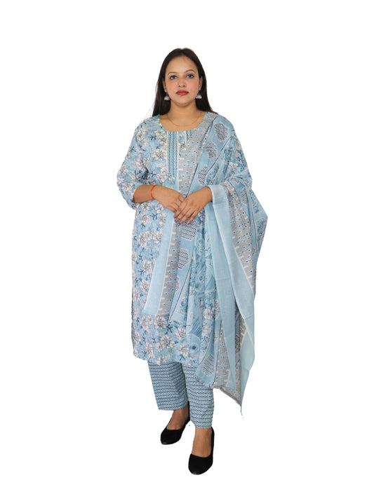 Floral Cotton Salwar Suit Set, Blue with Flowers,  Matching Pants, Dupatta