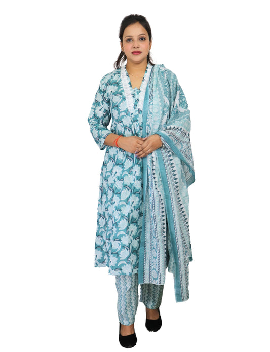 Floral Print Cotton Salwar Suit Set, Turquoise Blue and White, Ethnic Indian Wear with Dupatta