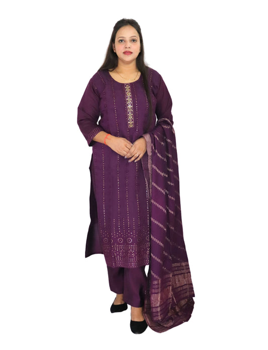 Traditional Purple Cotton Salwar Suit Set with Embroidered Kurta, Salwar and Dupatta