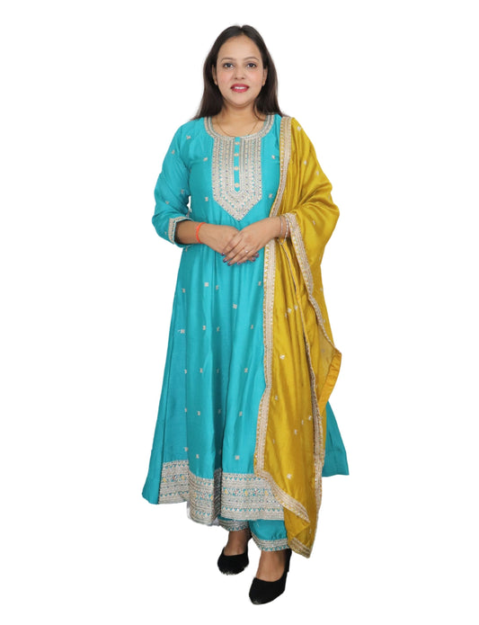 Traditional Turquoise Embroidered Anarkali Suit Set with Yellow Dupatta, 3-Piece Ethnic Wear