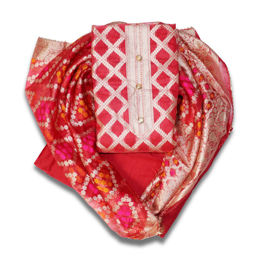 Unstitched partywear suits for women with golden print texture Red