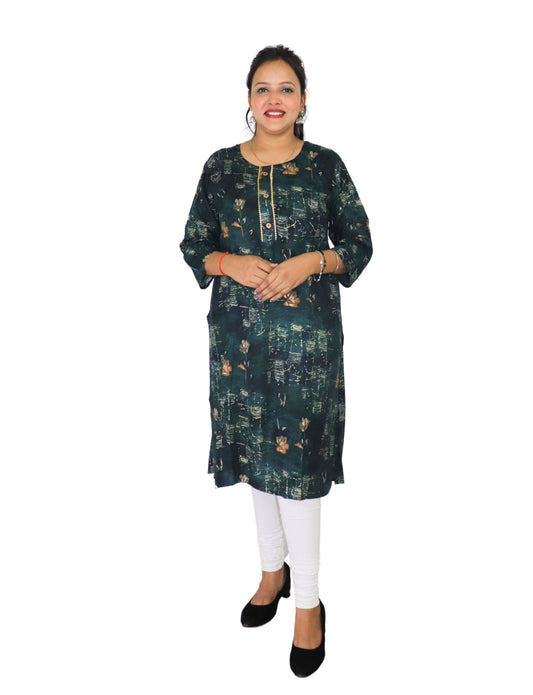 Floral Print Cotton Kurti, Dark Green, 3/4 Sleeve, Button Front, Casual Wear