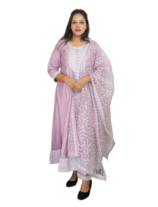 Traditional Embroidered Cotton Anarkali Suit Set, Lilac Purple with White Thread Work, 3 Piece