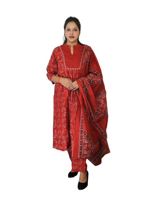 Traditional Red Cotton Salwar Suit Set with Floral Print, 3/4 Sleeves