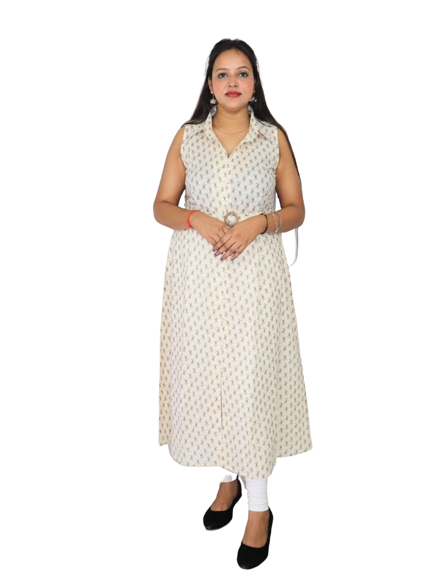 Vedickulture Floral Print Sleeveless Long A-line Kurties, Cotton, Off-White, Collared Neck with Belt