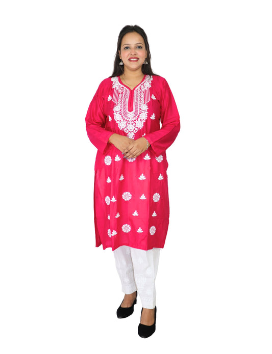Traditional Embroidered Cotton Kurti, Pink with  Floral Design, Long Sleeves