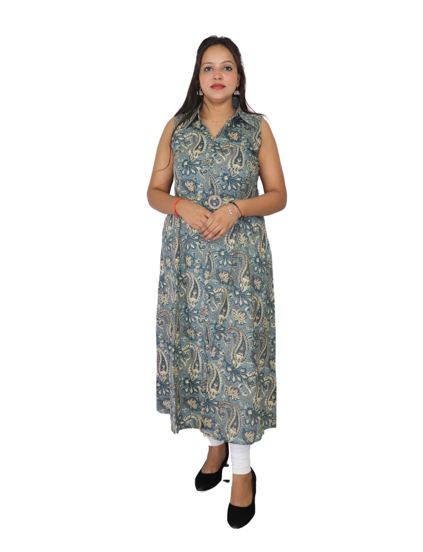 Vedickulture Sleeveless Long A-line Kurta with Paisley Print, Blue and Cream, V-Neck Collar with Belt