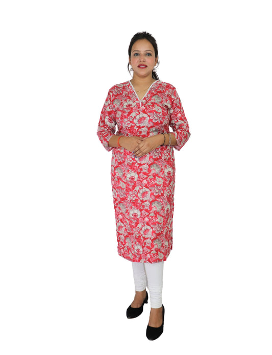 Floral Print Cotton Kurti with Pearl V-Neck, 3/4 Sleeves, Red and Grey, Casual Wear