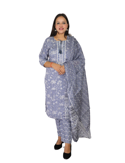 Women's Floral Print Cotton Salwar Suit Set, Grey and White,  with Dupatta