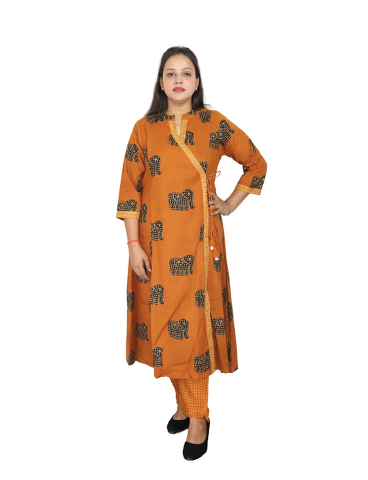 Traditional Elephant Print Angrakha Kurta Set with Pants, Cotton, 3/4 Sleeve