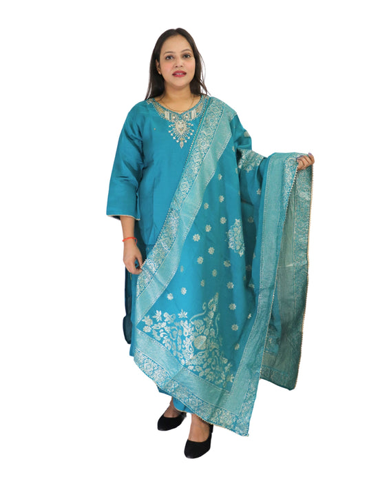 Traditional Turquoise Cotton blend with silk Salwar Suit with Embroidered Dupatta, Full Length