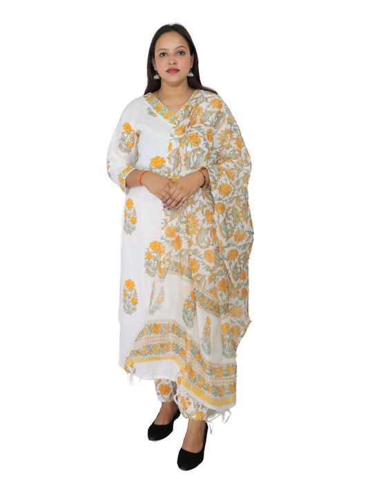 Women's White Cotton Kurta Set with Yellow Floral Print,  Traditional Dupatta