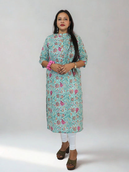Women's Pure Cotton Jaipuri Printed Straight Kurti