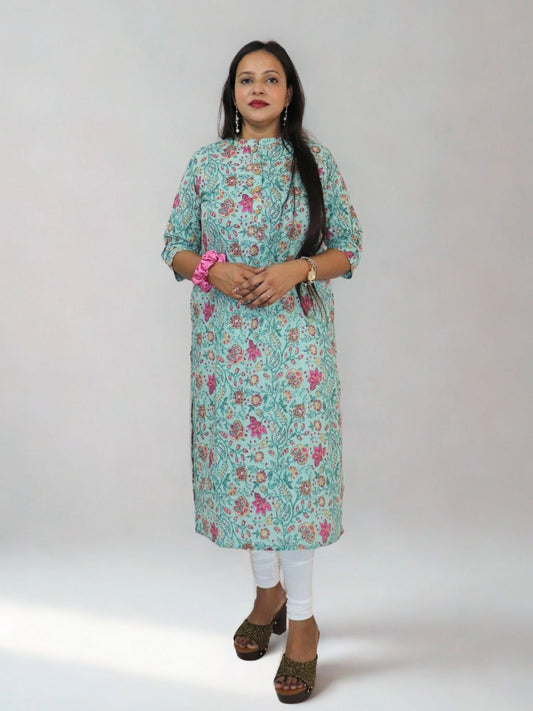 Women's Pure Cotton Jaipuri Printed Straight Kurti