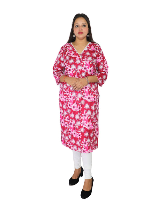 Floral Print Cotton Kurti with V-Neck, 3/4 Sleeves, Pink and White
