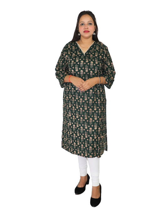 Vedickulture Women's Casual Floral Print Kurta, Dark Green with Paisley Pattern, V-Neck, 3/4 Sleeve