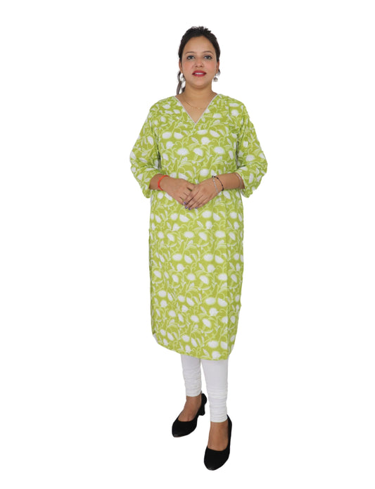 Vedickulture Floral Print Cotton Kurti, V-Neck, Long Sleeve, Lime Green and White, Casual Wear