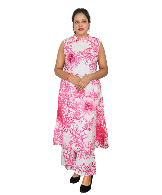 Women's Floral Print Sleeveless Co-ord Set, White and Pink, Coral Pattern