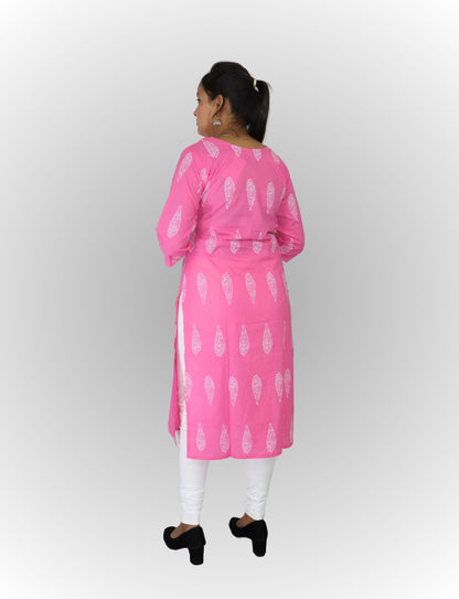 Vedickulture Pink Cotton Kurti with White Paisley Print, 3/4 Sleeves, Round Neck, Casual Wear