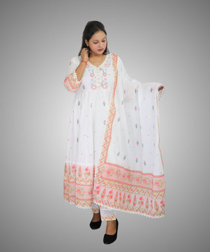 Vedickulture White Cotton Anarkali Suit with Floral Embroidery for Women, Evening wear, 3/4 Sleeves, Dupatta and Pants Set