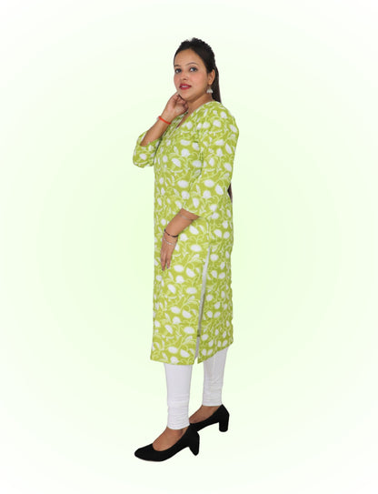 Vedickulture Floral Print Cotton Kurti, V-Neck, Long Sleeve, Lime Green and White, Casual Wear