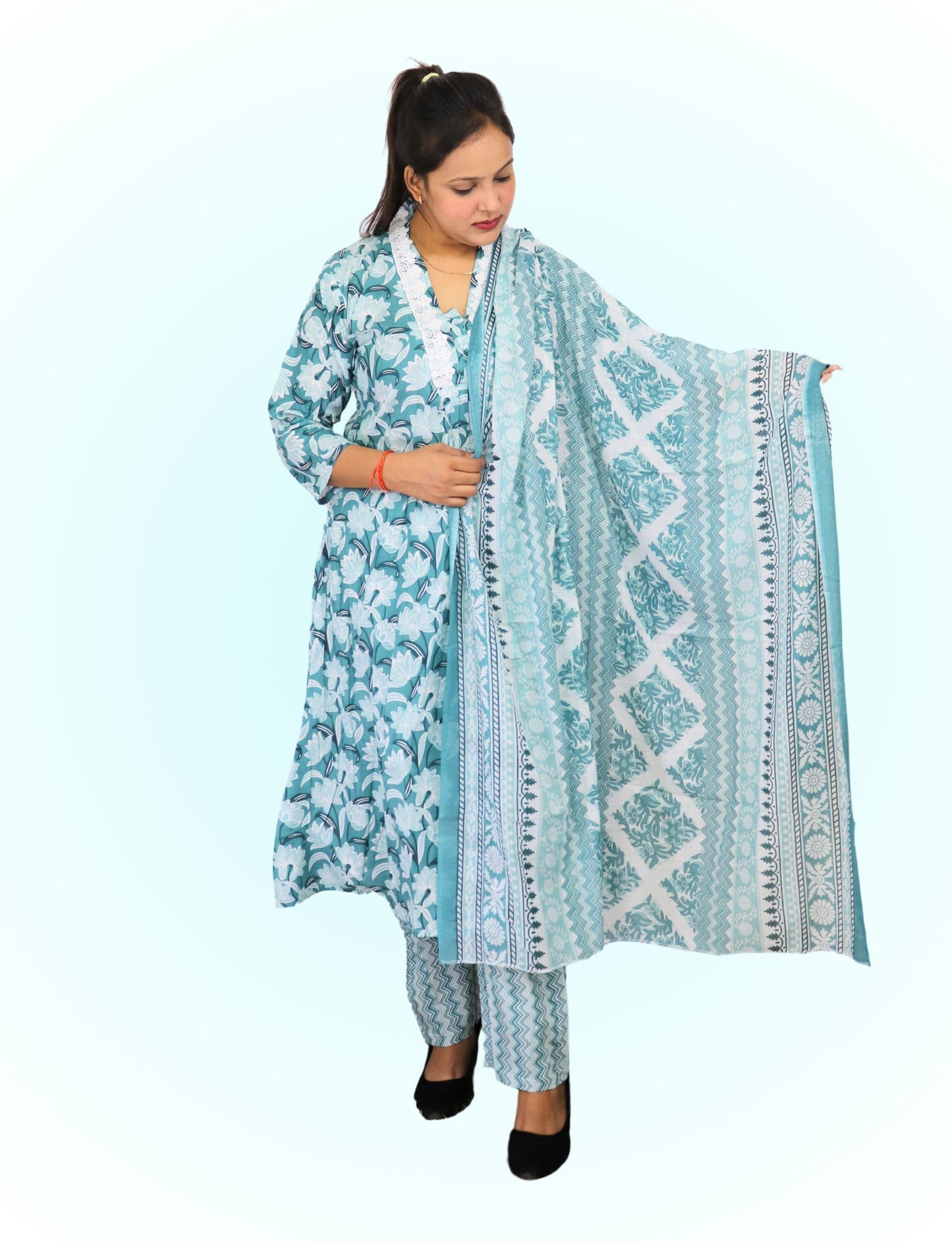 Floral Print Cotton Salwar Suit Set, Turquoise Blue and White, Ethnic Indian Wear with Dupatta