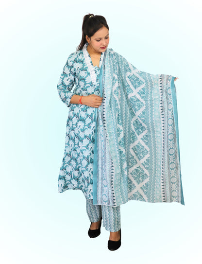 Floral Print Cotton Salwar Suit Set, Turquoise Blue and White, Ethnic Indian Wear with Dupatta