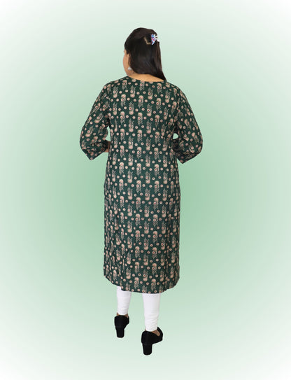 Vedickulture Women's Casual Floral Print Kurta, Dark Green with Paisley Pattern, V-Neck, 3/4 Sleeve