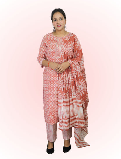 Cotton Printed Salwar Suit Set, Coral Pink Floral Pattern, 3/4 Sleeve Kurta with Salwar and Dupatta