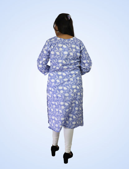 Vedickulture Floral Print Cotton Kurti, V-Neck, 3/4 Sleeve, Light Blue and White, Casual Wear