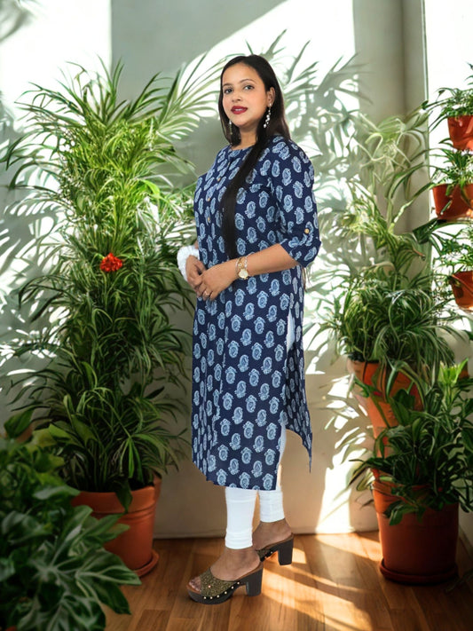 Women's Pure Cotton Jaipuri Printed Straight Kurti
