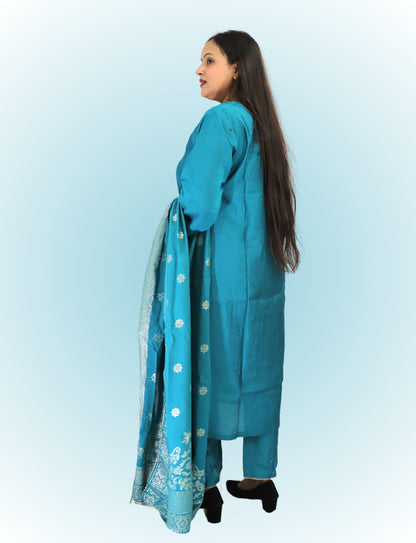 Traditional Turquoise Cotton blend with silk Salwar Suit with Embroidered Dupatta, Full Length
