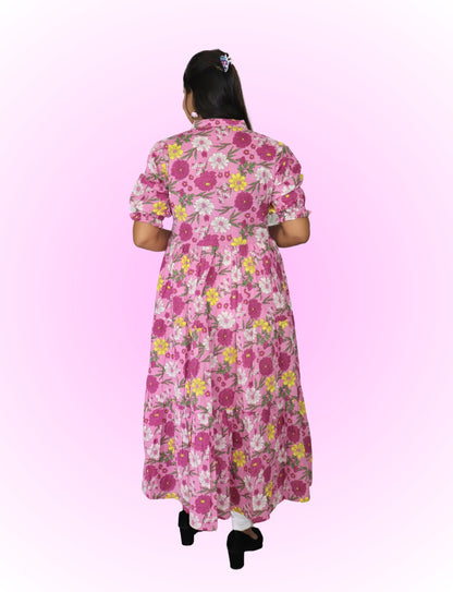Floral Anarkali Kurti with Puff Sleeves, Pink Floral Print, Mandarin Collar, Tiered Design